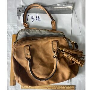 Brown Faux Leather Tote Satchel Bag Tassel Accent Double Zip Handbag